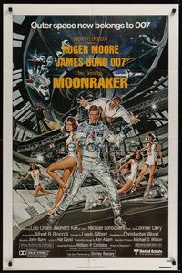 7d595 MOONRAKER 1sh '79 art of Roger Moore as James Bond & sexy Lois Chiles by Gouzee!