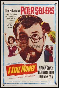 7d605 MR. TOPAZE 1sh '62 close-up of bearded Peter Sellers w/cigar, Nadia Gray, I Like Money!