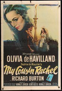 7d616 MY COUSIN RACHEL 1sh '53 artwork of pretty Olivia de Havilland & Richard Burton!