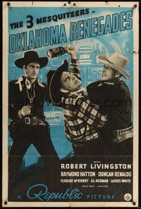 7d650 OKLAHOMA RENEGADES 1sh '40 Robert Livingston, Raymond Hatton, cool image of barfight!