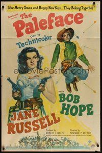 7d667 PALEFACE style A 1sh '48 wacky cowboy Bob Hope & sexy Jane Russell with pistols!