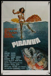 7d687 PIRANHA 1sh '78 Roger Corman, great art of man-eating fish & sexy girl by John Solie!