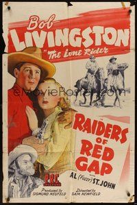 7d709 RAIDERS OF RED GAP 1sh '43 art of Robert Livingston as the Lone Rider, Al 'Fuzzy' St. John!