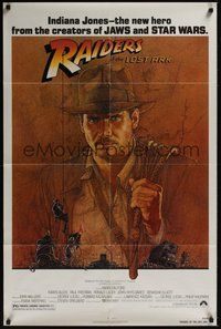 7d710 RAIDERS OF THE LOST ARK 1sh '81 great art of adventurer Harrison Ford by Richard Amsel!