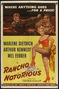 7d714 RANCHO NOTORIOUS 1sh '52 Fritz Lang directed, art of sexy Marlene Dietrich showing leg!