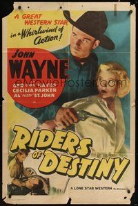 7d727 RIDERS OF DESTINY 1sh R47 John Wayne holds six-shooter and Cecilia Parker!
