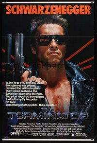 7d854 TERMINATOR 1sh '84 super close up of most classic cyborg Arnold Schwarzenegger with gun!