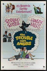 7d912 TROUBLE WITH ANGELS 1sh '66 Hayley Mills, Binnie Barnes, nun Rosalind Russell on bike!