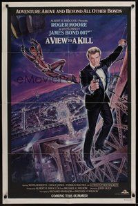 7d935 VIEW TO A KILL advance 1sh '85 art of Roger Moore & Grace Jones in parachute by Gouzee!