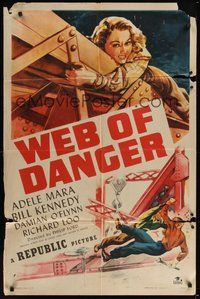 7d953 WEB OF DANGER 1sh '47 cool art of sexy Adele Mara in trouble high up in the sky!
