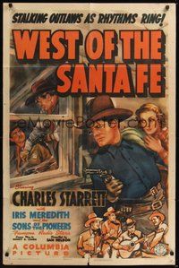 7d958 WEST OF THE SANTA FE 1sh '38 cool art of Charles Starrett sneaking up on the bad guys!