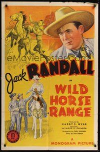 7d972 WILD HORSE RANGE 1sh '40 stone litho artwork of cowboy Jack Randall!