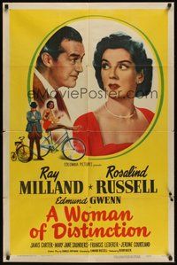 7d980 WOMAN OF DISTINCTION 1sh '51 Rosalind Russell & Ray Milland close up & on bicycles!