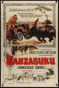 7d996 ZANZABUKU 1sh '56 Dangerous Safari in savage Africa, art of rhino ramming jeep!