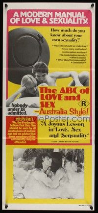 7e374 ABC OF LOVE & SEX: AUSTRALIA STYLE Aust daybill '78 John D. Lamond, a manual of love & sex!