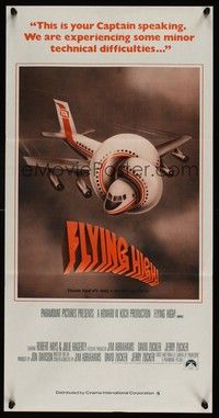 7e377 AIRPLANE Aust daybill '80 classic zany parody, wacky art, Flying High!