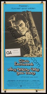 7e386 ANY WHICH WAY YOU CAN Aust daybill '80 cool artwork of Clint Eastwood & Clyde by Bob Peak!