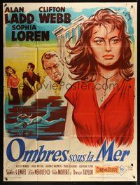7h393 BOY ON A DOLPHIN French 1p '57 different art of Alan Ladd & sexy Sophia Loren by R. Geleng!