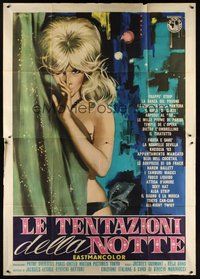 7h042 LE TENTAZIONI DELLA NOTTE Italian 2p '63 art of sexy topless girl behind curtain by Symeoni!