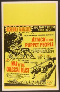 7h169 ATTACK OF THE PUPPET PEOPLE/WAR OF COLOSSAL BEAST WC '58 Bert I. Gordon sci-fi double bill!