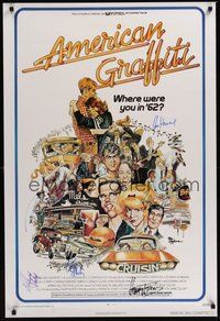 7j137 AMERICAN GRAFFITI signed REPRO 1sh '73 by Howard, Hopkins, Williams, Clark, Ford AND Phillips