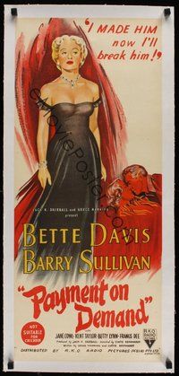 7k086 PAYMENT ON DEMAND linen Aust daybill '51 Bette Davis made and will break Barry Sullivan!