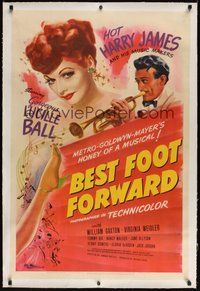 7k168 BEST FOOT FORWARD linen style D 1sh '43 art of Lucille Ball & Harry James playing trumpet!