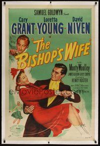 7k172 BISHOP'S WIFE linen 1sh '47 art of Cary Grant, Loretta Young & priest David Niven by Rose!