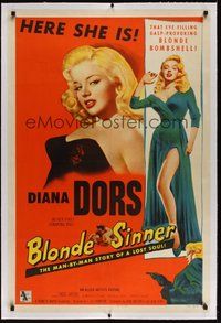 7k174 BLONDE SINNER linen 1sh '56 3 images of sexy bad girl Diana Dors full-length, closeup & w/gun!