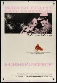 7k177 BONNIE & CLYDE linen 1sh '67 notorious crime duo Warren Beatty & Faye Dunaway!