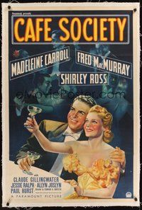 7k180 CAFE SOCIETY linen style A 1sh '39 art of Fred MacMurray & Madeleine Carrol with champagnel