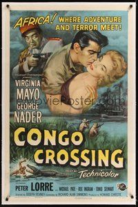 7k190 CONGO CROSSING linen 1sh '56 art of Peter Lorre pointing gun at Virginia Mayo & George Nader!