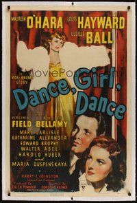 7k194 DANCE, GIRL, DANCE linen 1sh '40 Lucille Ball in fur coat + Louis Hayward & Maureen O'Hara!