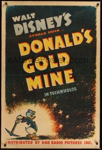 7k202 DONALD'S GOLD MINE linen 1sh '42 Walt Disney, great cartoon image of Donald Duck with pick!