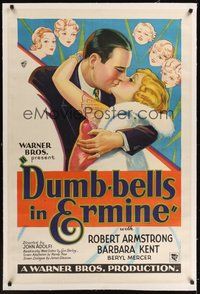7k203 DUMB-BELLS IN ERMINE linen 1sh '30 cool art of Barbara Kent in fur kissing Robert Armstrong!