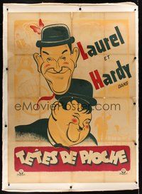 7k027 BLOCK-HEADS linen French 1p R48 art of Stan Laurel & Oliver Hardy by Michel Gerard, Hal Roach