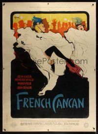 7k030 FRENCH CANCAN linen style B French 1p '55 Renoir, best art of Moulin Rouge showgirls by Gruau
