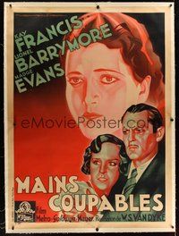 7k032 GUILTY HANDS linen French 1p '31 art of Kay Francis, Lionel Barrymore & Evans by Roger Soubie
