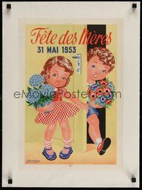 7k069 FETE DES MERES linen French 15x21 '53 cute Mother's day artwork by G. Van Wanghe!