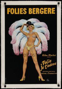 7k068 FOLIES-BERGERE linen French stage play poster '77 art of barely-dressed showgirl by Aslan!
