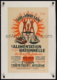 7k077 JOIE DE VIVRE SAIN linen French seminar poster '53 how to live a healthy life, cool artwork!