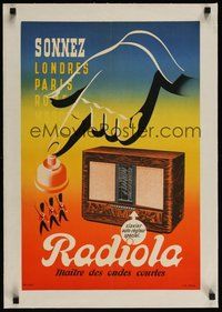 7k074 RADIOLA linen French advertising poster '50s the master of shortwave radio, cool art!