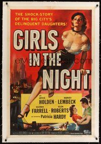 7k221 GIRLS IN THE NIGHT linen 1sh '53 great barely dressed sexy badgirl Joyce Holden w/beret image!