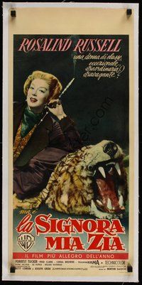 7k098 AUNTIE MAME linen Italian locandina '59 different image of Rosalind Russell on fur rug!