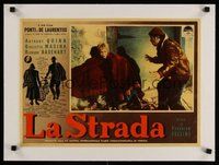 7k099 LA STRADA linen Italian 13x18 pbusta '54 Federico Fellini, Anthony Quinn approaches Masina!