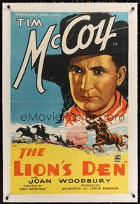7k266 LION'S DEN linen 1sh '36 wonderful close up art of cowboy Tim McCoy!