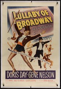 7k270 LULLABY OF BROADWAY linen 1sh '51 art of Doris Day & Gene Nelson in top hat and tails!