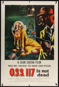 7k291 OSS 117 IS NOT DEAD linen 1sh '58 art of sexy blonde French babe + smoking guy with gun!