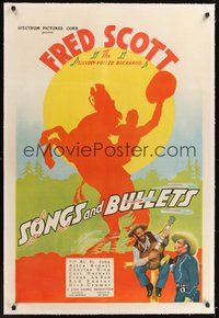 7k323 SONGS & BULLETS linen 1sh '38 great colorful silhouette image of cowboy on rearing horse!
