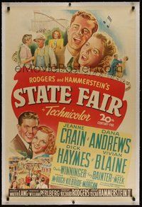 7k329 STATE FAIR linen 1sh '45 Jeanne Crain & Dana Andrews in Rogers & Hammerstein musical!